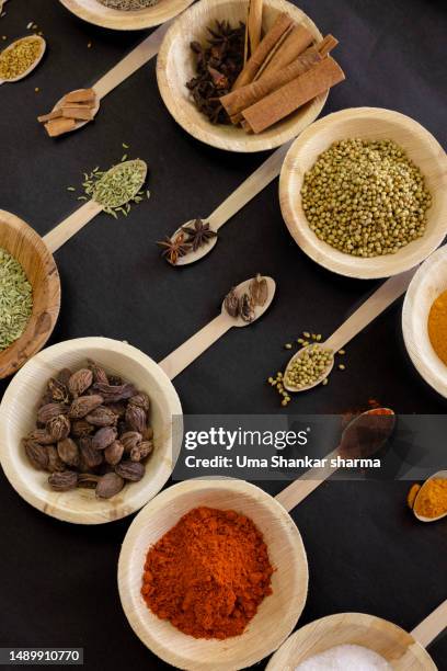 colorful herbs and spices in wooden bowls and spoons. - cumin bildbanksfoton och bilder