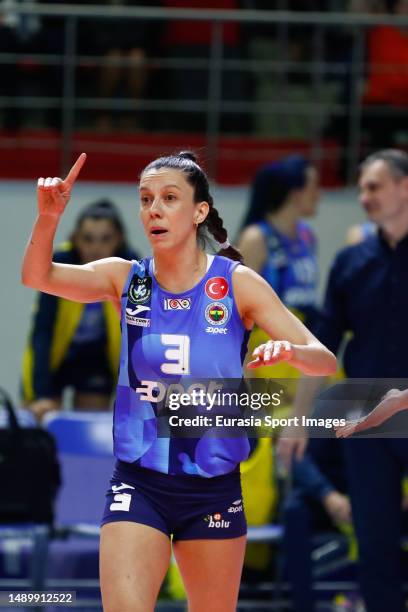 Macris Carneiro of Fenerbahce Opet gestures during the Sultans League match between Eczacibasi Dynavit and Fenerbahce Opet on May 9, 2023 in...