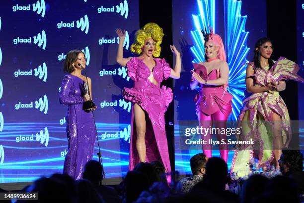 Maren Morris, Alyssa Edwards, Cynthia Lee Fontaine and Diva Soria appear on stage during the 34th Annual GLAAD Media Awards at New York Hilton on May...