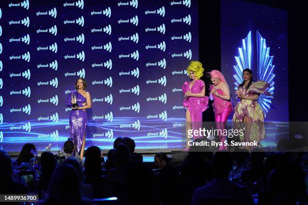 Maren Morris, Alyssa Edwards, Cynthia Lee Fontaine and Diva Soria appear on stage during the 34th Annual GLAAD Media Awards at New York Hilton on May...