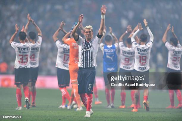Héctor Moreno of Monterrey greet the fans after winning the quarterfinals second leg match between Monterrey and Santos Laguna as part of the Torneo...