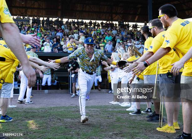 Meadows of the Savannah Bananas is introduced before the game between the Savannah Bananas against the Party Animals at Grayson Stadium on May 13,...