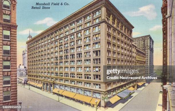 Vintage colorized historic souvenir photo postcard published in 1937 as part of a series titled, 'Greater Chicago,' depicting a view of the first...