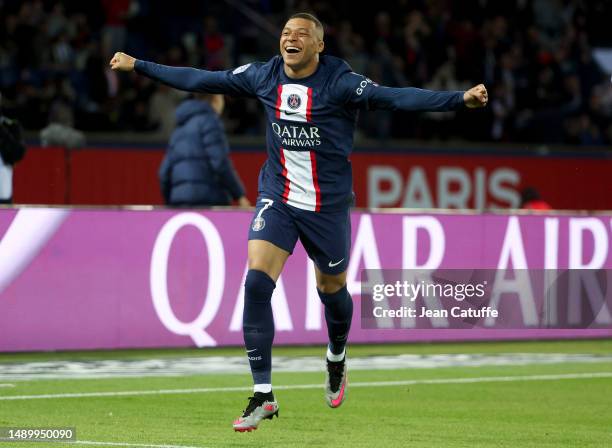 Kylian Mbappe of PSG celebrates his first goal during the Ligue 1 match between Paris Saint-Germain and AC Ajaccio at Parc des Princes on May 13,...