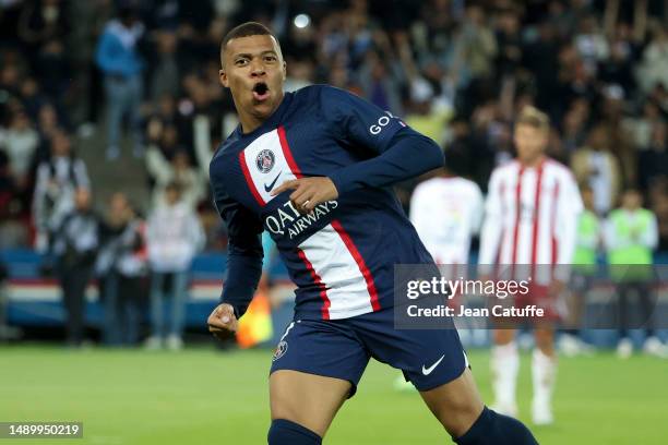 Kylian Mbappe of PSG celebrates his second goal during the Ligue 1 match between Paris Saint-Germain and AC Ajaccio at Parc des Princes on May 13,...