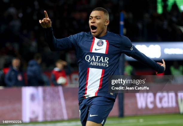 Kylian Mbappe of PSG celebrates his second goal during the Ligue 1 match between Paris Saint-Germain and AC Ajaccio at Parc des Princes on May 13,...