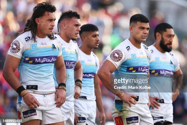 David Fifita of the Titans and his team mates looks dejected after a Knights try during the round 11 NRL match between Newcastle Knights and Gold...