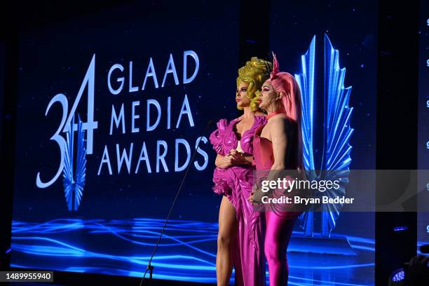 Alyssa Edwards and Cynthia Lee Fontaine appear on stage during the 34th Annual GLAAD Media Awards at New York Hilton on May 13, 2023 in New York City.