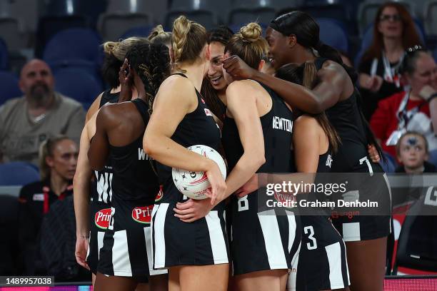 The Magpies huddle during the round nine Super Netball match between Collingwood Magpies and Giants Netball at John Cain Arena on May 14, 2023 in...