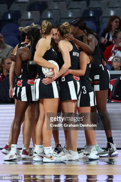 The Magpies huddle during the round nine Super Netball match between Collingwood Magpies and Giants Netball at John Cain Arena on May 14, 2023 in...