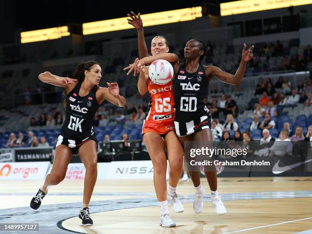 Matisse Letherbarrow of the Giants competes for the ball during the round nine Super Netball match between Collingwood Magpies and Giants Netball at...