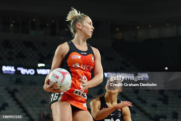 Jamie-Lee Price of the Giants in action during the round nine Super Netball match between Collingwood Magpies and Giants Netball at John Cain Arena...