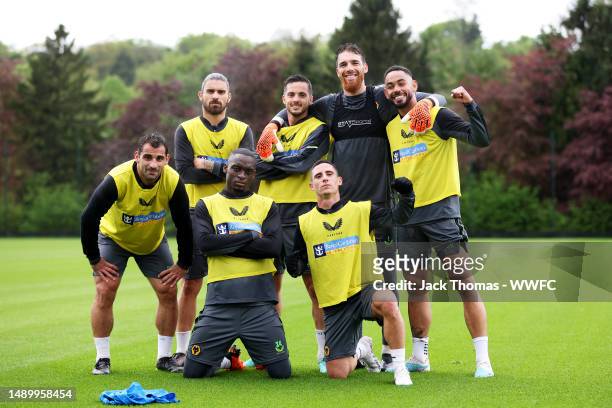 Jonny Otto, Ruben Neves, Toti Gomes, Pablo Sarabia, Daniel Podence, Jose Sa and Matheus Cunha of Wolverhampton Wanderers pose for a winning team...