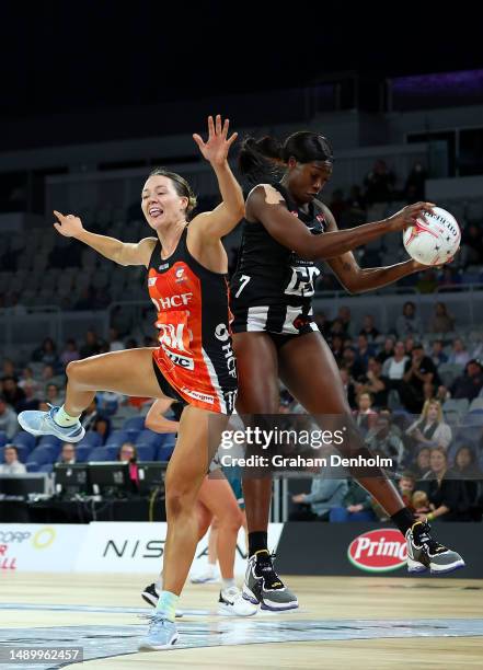 Shimona Nelson of the Magpies in action during the round nine Super Netball match between Collingwood Magpies and Giants Netball at John Cain Arena...