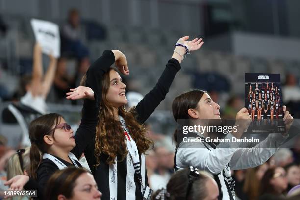 Magpies fans show support during the round nine Super Netball match between Collingwood Magpies and Giants Netball at John Cain Arena on May 14, 2023...