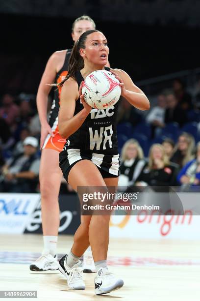 Kelsey Browne of the Magpies in action during the round nine Super Netball match between Collingwood Magpies and Giants Netball at John Cain Arena on...