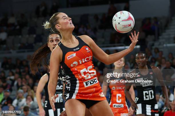 Matisse Letherbarrow of the Giants in action during the round nine Super Netball match between Collingwood Magpies and Giants Netball at John Cain...
