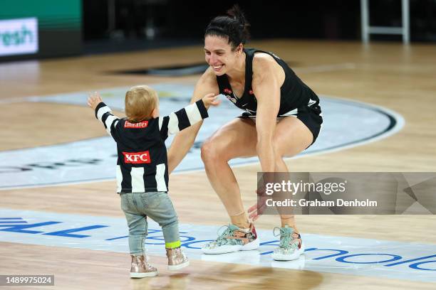 Ash Brazill of the Magpies smiles following the round nine Super Netball match between Collingwood Magpies and Giants Netball at John Cain Arena on...