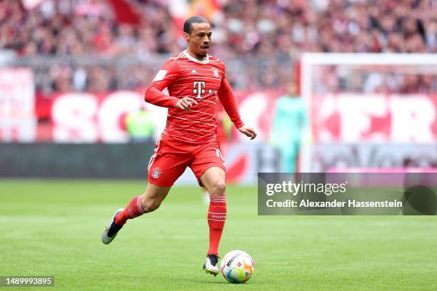 Leroy Sane of FC Bayern München runs with the ball during the Bundesliga match between FC Bayern München and FC Schalke 04 at Allianz Arena on May...