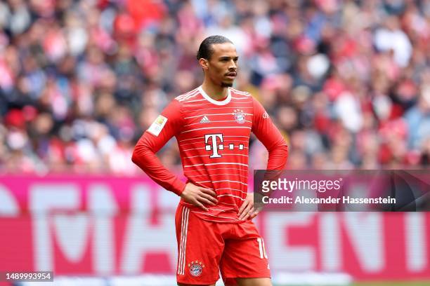 Leroy Sane of FC Bayern München looks on during the Bundesliga match between FC Bayern München and FC Schalke 04 at Allianz Arena on May 13, 2023 in...