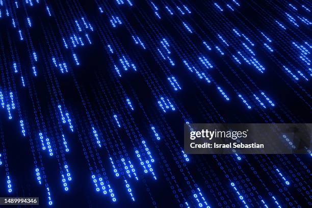 binary code digits falling in diagonal, blue letters on a black background. - data science stock-fotos und bilder