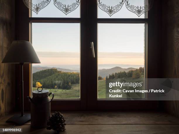 scenic view of mountain from ferme auberge de kahlenwasen, vosges, france, - window stock pictures, royalty-free photos & images