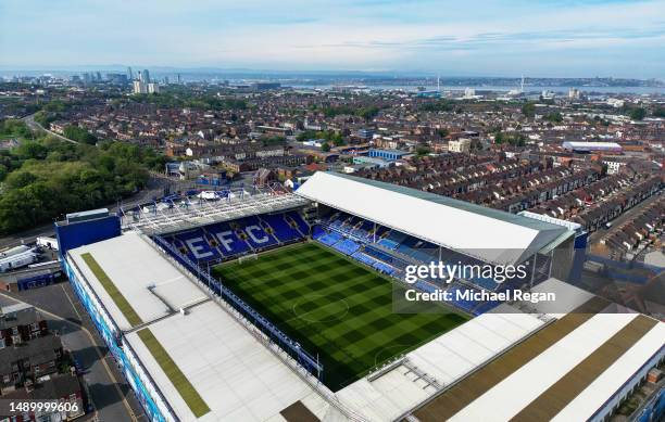 An aerial view of Goodison Park prior to the Premier League match between Everton FC and Manchester City at Goodison Park on May 14, 2023 in...