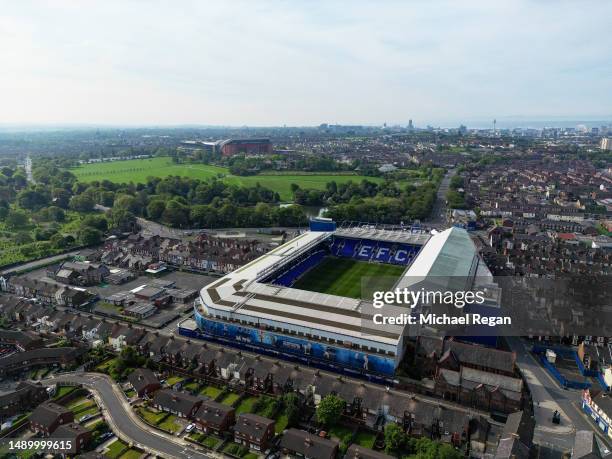 An aerial view of Goodison Park prior to the Premier League match between Everton FC and Manchester City at Goodison Park on May 14, 2023 in...