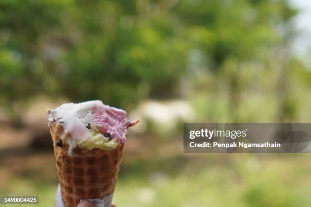 ice cream cone in crispy waffles - whip cream dollop stock pictures, royalty-free photos & images