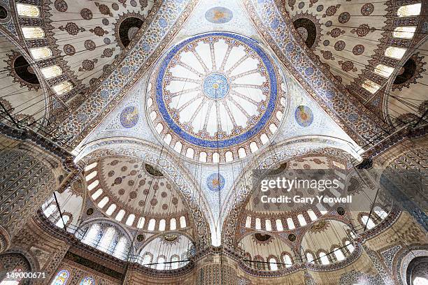 wideangle view of blue mosque ceiling - blue mosque fotografías e imágenes de stock