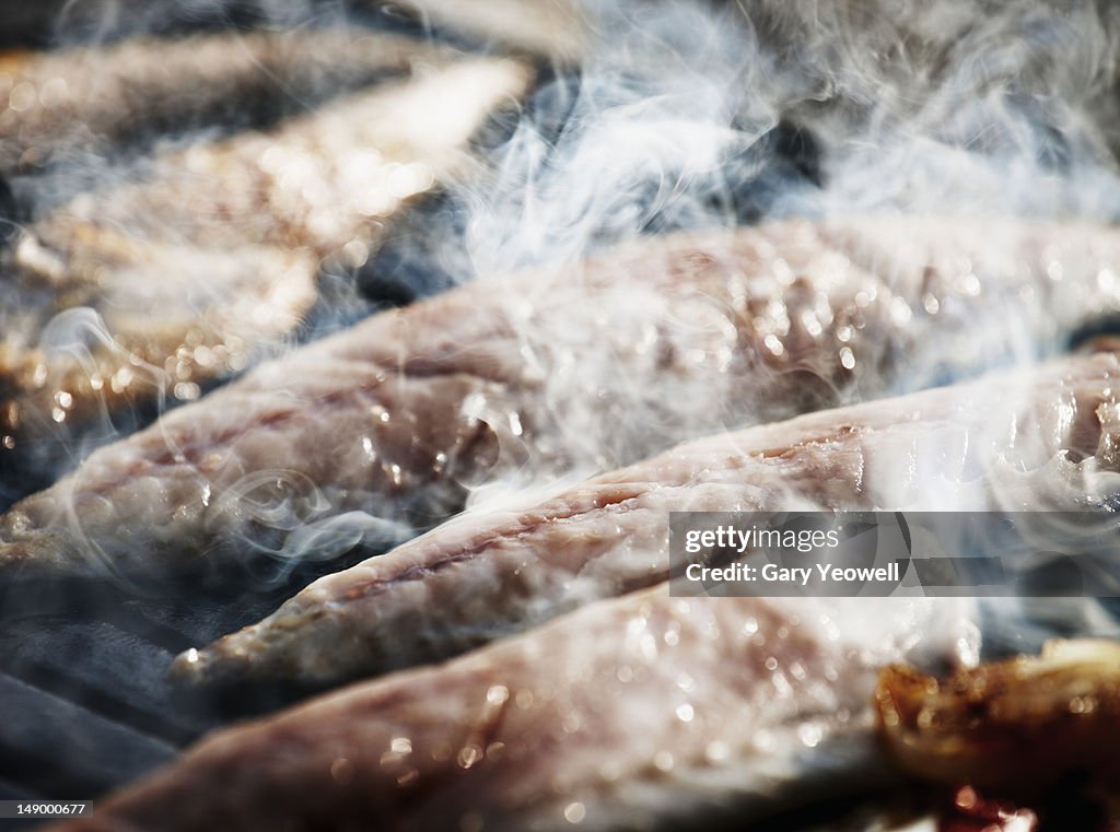 Mackerel cooking on a street food stall,Istanbul