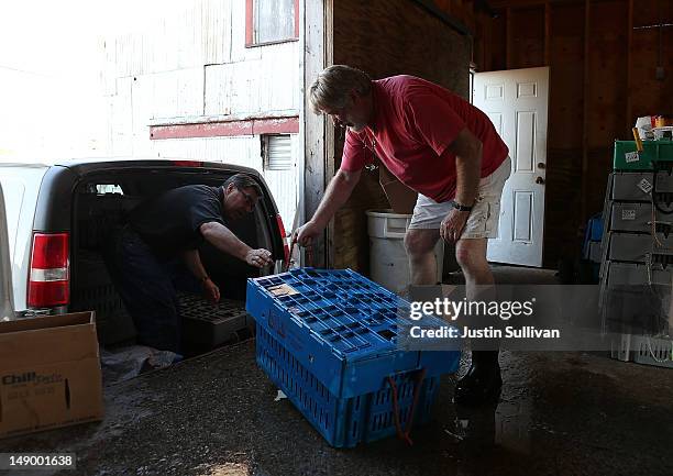 New Meadows Lobster owner Pete McAleney sorts crates of live lobsters for delivery on July 21, 2012 in Portland, Maine. A mild winter and warmer than...