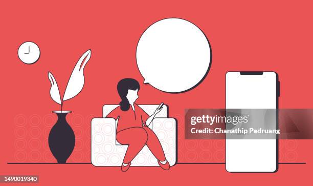 one person sitting on the sofa stock illustration.sitting, smart phone, sofa - phone couch stock illustrations
