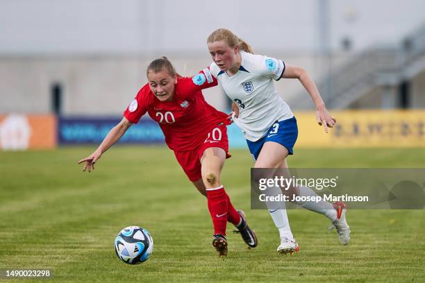 Mari Ward of England competes with Inez Sikora of Poland during the UEFA Women's European Under-17 Championship 2022/23 Group B match between England...