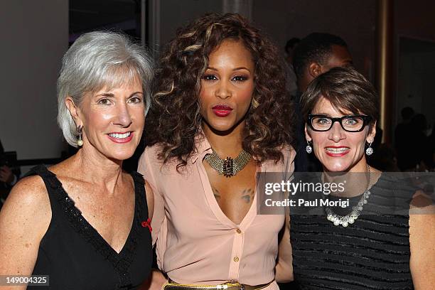 Secretary Kathleen Sebelius, Eve and Nancy Mahon attend Together To End AIDS: An Evening To Benefit amfAR and GBCHealth at John F. Kennedy Center for...