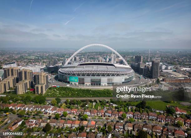 An aerial view of Wembley Stadium ahead of the Vitality Women's FA Cup Final between Chelsea FC and Manchester United at Wembley Stadium on May 14,...