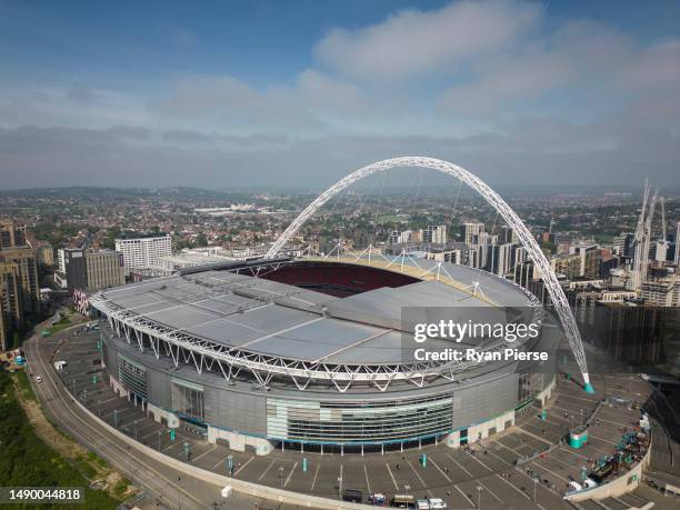 An aerial view of Wembley Stadium ahead of the Vitality Women's FA Cup Final between Chelsea FC and Manchester United at Wembley Stadium on May 14,...