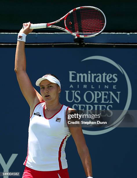 Nadia Petrova of Russia calls for a challenge in her match against Dominka Cibulkova of Slovakia in their semifinal match during day eight of the...