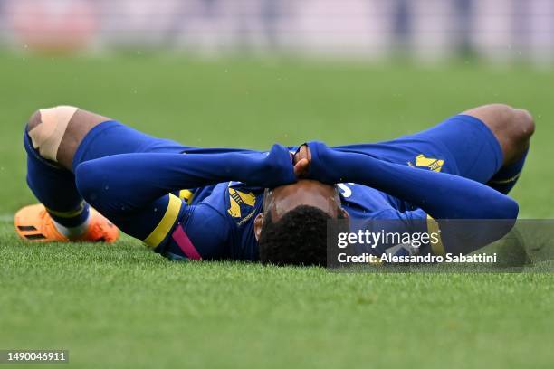 Jayden Braaf of Hellas Verona reacts after misses a goal during the Serie A match between Hellas Verona and Torino FC at Stadio Marcantonio Bentegodi...