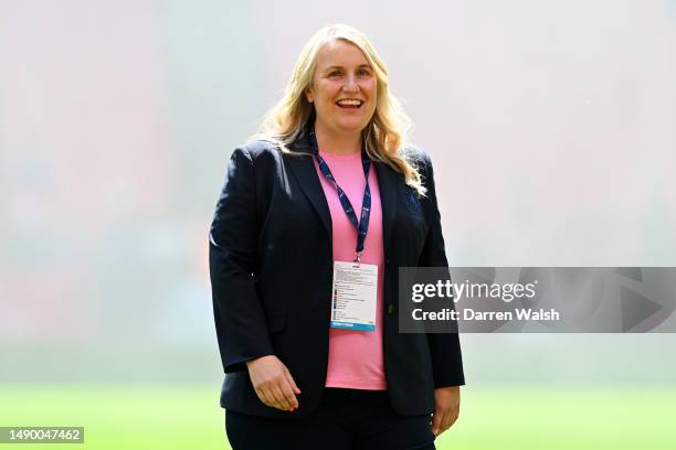 Emma Hayes, Manager of Chelsea, inspects the pitch prior to the Vitality Women's FA Cup Final between Chelsea FC and Manchester United at Wembley...