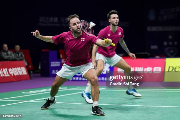 Ben Lane and Sean Vendy of England compete in the Men's Doubles Round Robin match against Akira Koga and Taichi Saito of Japan during day one of the...