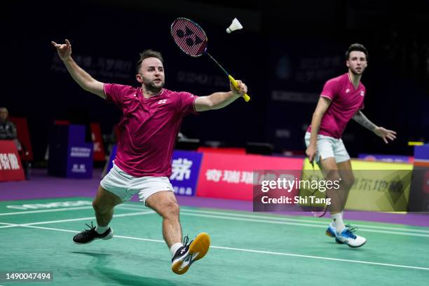 Ben Lane and Sean Vendy of England compete in the Men's Doubles Round Robin match against Akira Koga and Taichi Saito of Japan during day one of the...