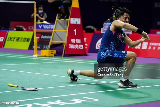 Akira Koga of Japan celebrate the victory in the Men's Doubles Round Robin match against Ben Lane and Sean Vendy of England during day one of the...