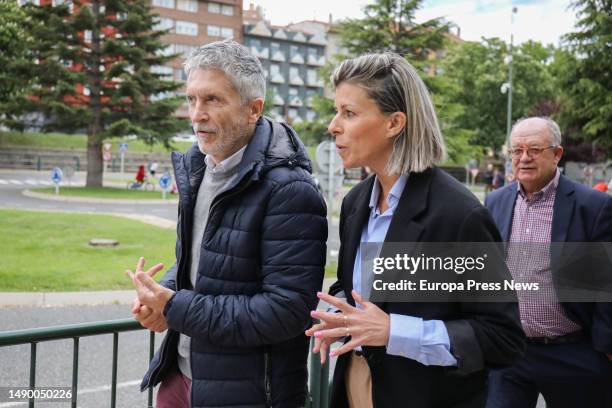 Interior Minister Fernando Grande Marlaska and Avila mayoral candidate Eva Arias arrive at a PSOE rally at the Parque Infantil de Trafico on May 14...