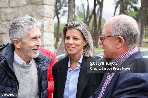 Interior Minister Fernando Grande Marlaska and Avila mayoral candidate Eva Arias arrive at a PSOE rally at the Parque Infantil de Trafico on May 14...