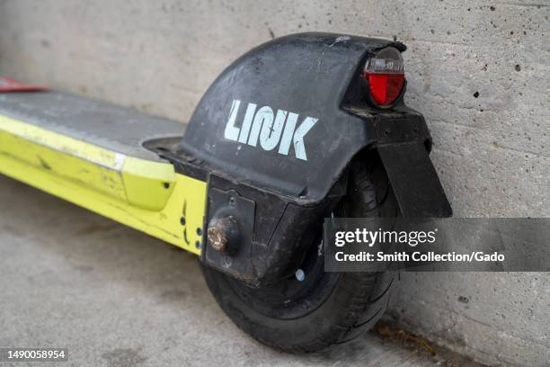 Close-up of a Link scooter on a sidewalk in Austin, Texas, March 11, 2023.