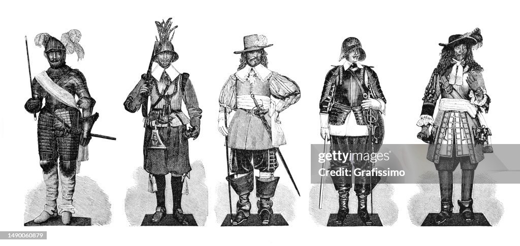 Soldiers with historical armored clothing of France and Spain 17th century