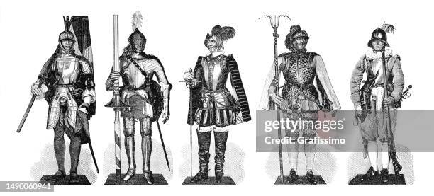 soldiers with historical armored clothing of england and spain 13th century - encyclopaedia stock illustrations