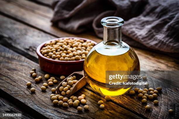 soy oil bottle and dried soybeans - oil seeds stock pictures, royalty-free photos & images