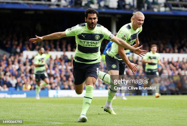 Ilkay Guendogan of Manchester City celebrates after scoring the team's first goal during the Premier League match between Everton FC and Manchester...